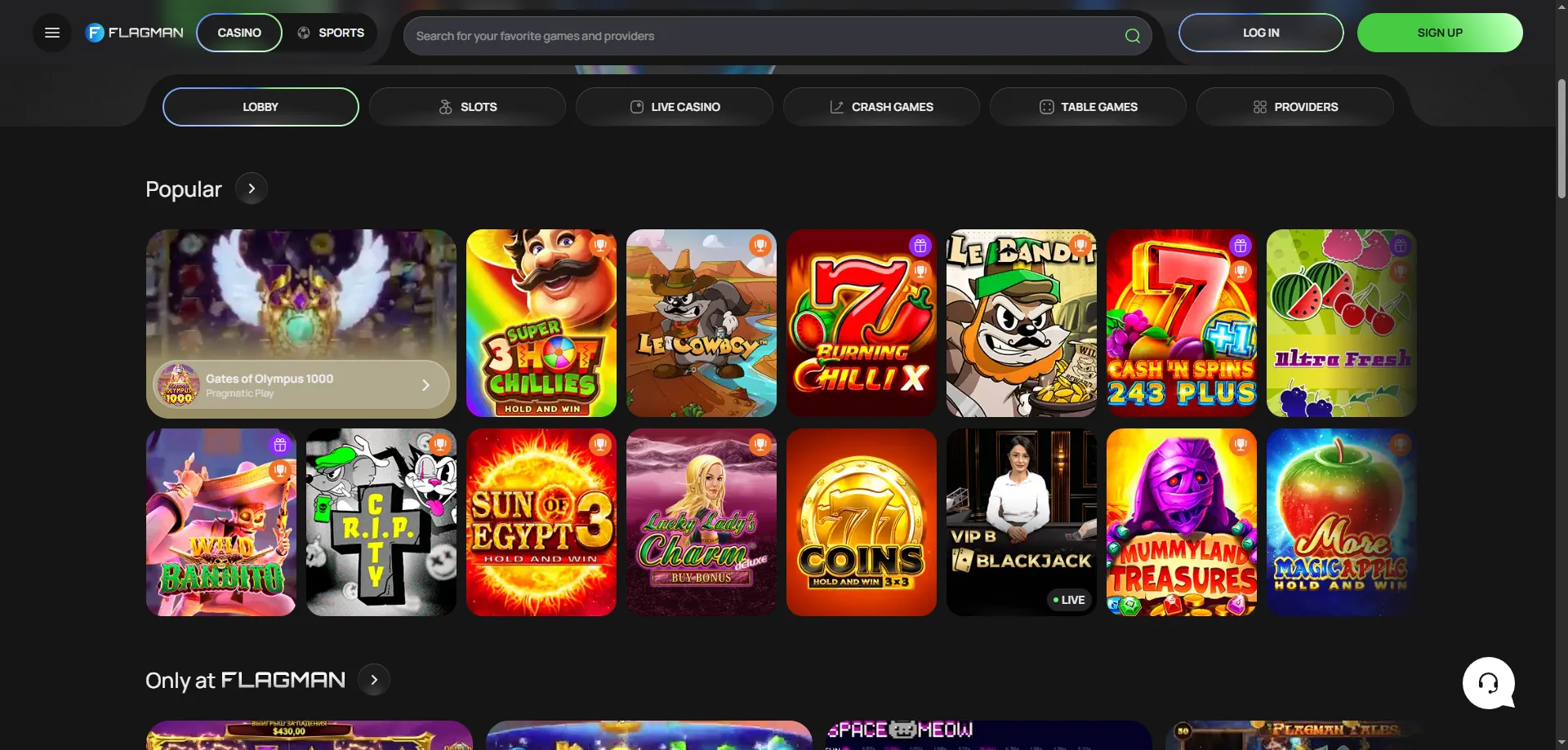 Flagman Casino slot games library — top titles 2026